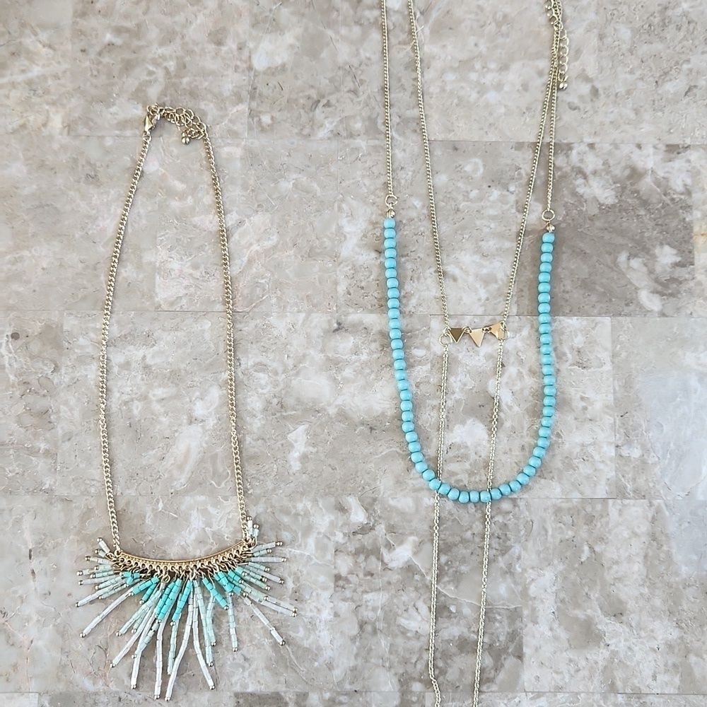 Gold and Turquoise Color Beaded Necklaces, Lot Of 2